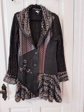 Sioni Charcoal Knit Coat with Multicolor Trim